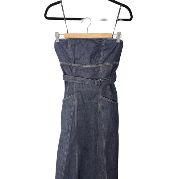 Self-Portrait Indigo Denim Bandeau Midi Dress Belted Dark Wash US 4 - Picture 4 of 11